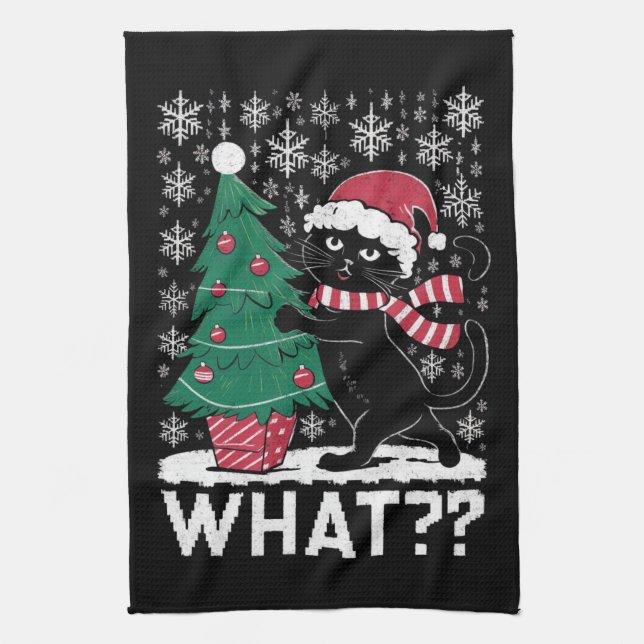 Cat What Funny Black Cat Pushing Christmas Tree  Tea Towel (Vertical)