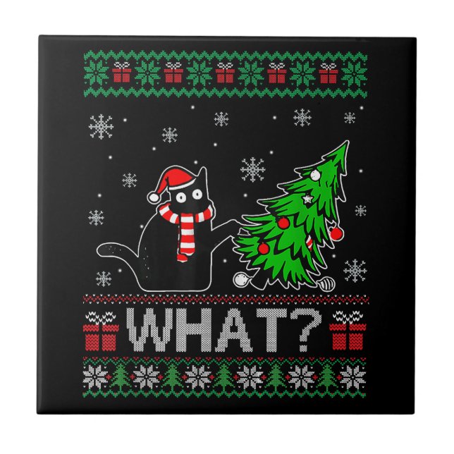 Cat What Funny Black Cat Pushing Christmas Tree Tile (Front)