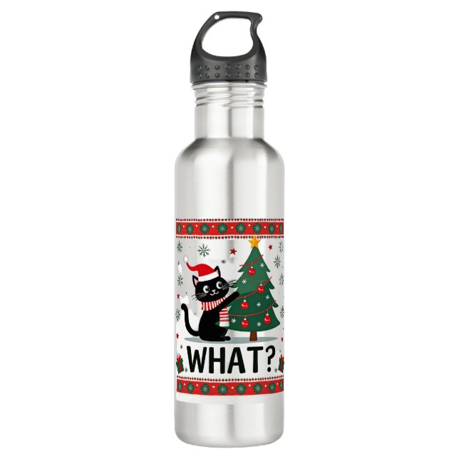 Cat What Funny Black Cat Pushing Christmas Tree Ug 710 Ml Water Bottle (Front)