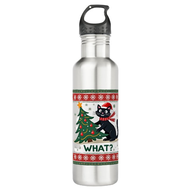 Cat What Funny Black Cat Pushing Christmas Tree Ug 710 Ml Water Bottle (Front)
