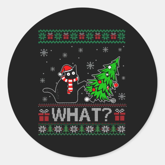 Cat What Funny Black Cat Pushing Christmas Tree Ug Classic Round Sticker (Front)