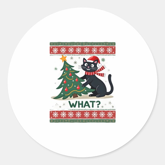 Cat What Funny Black Cat Pushing Christmas Tree Ug Classic Round Sticker (Front)