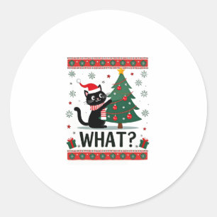 Cat What Funny Black Cat Pushing Christmas Tree Ug Classic Round Sticker
