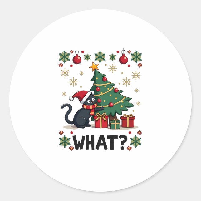 Cat What Funny Black Cat Pushing Christmas Tree Ug Classic Round Sticker (Front)