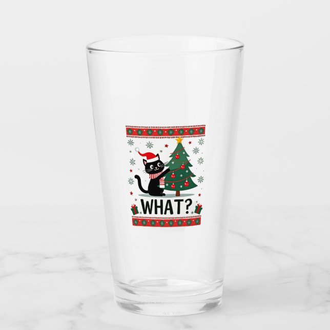 Cat What Funny Black Cat Pushing Christmas Tree Ug Glass (Front)