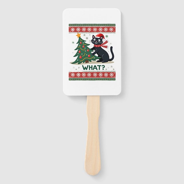 Cat What Funny Black Cat Pushing Christmas Tree Ug Hand Fan (Front)