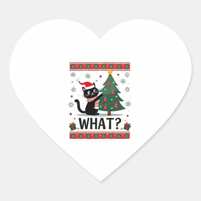 Cat What Funny Black Cat Pushing Christmas Tree Ug Heart Sticker (Front)