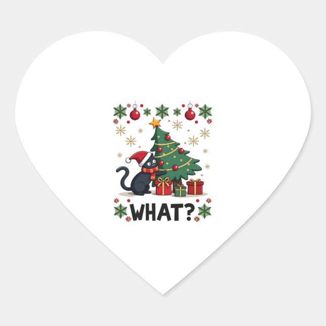 Cat What Funny Black Cat Pushing Christmas Tree Ug Heart Sticker (Front)