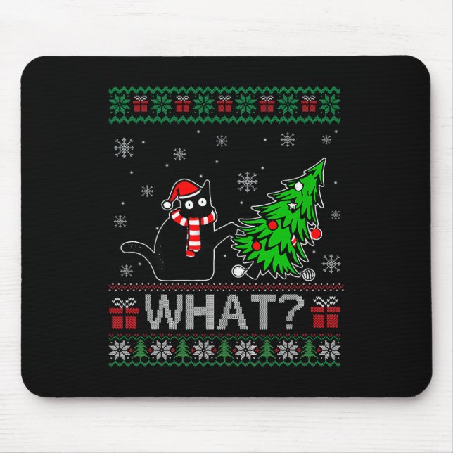 Cat What Funny Black Cat Pushing Christmas Tree Ug Mouse Mat (Front)