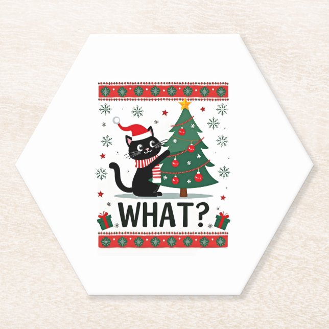 Cat What Funny Black Cat Pushing Christmas Tree Ug Paper Coaster (Front)