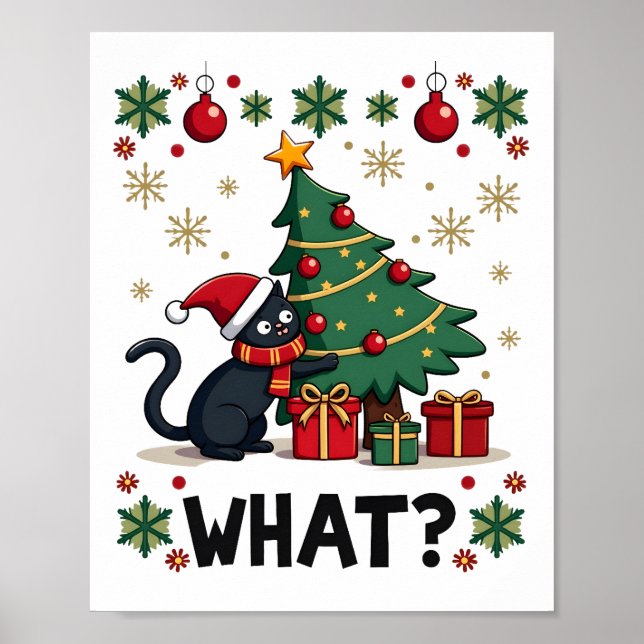 Cat What Funny Black Cat Pushing Christmas Tree Ug Poster (Front)