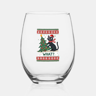 Cat What Funny Black Cat Pushing Christmas Tree Ug Stemless Wine Glass