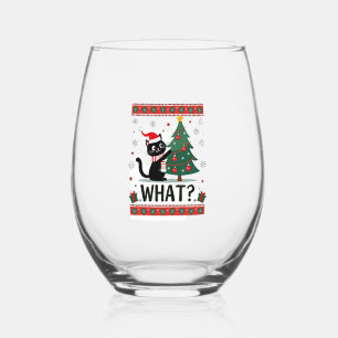 Cat What Funny Black Cat Pushing Christmas Tree Ug Stemless Wine Glass