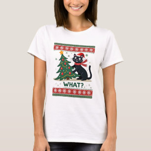 Cat What Funny Black Cat Pushing Christmas Tree Ug T-Shirt