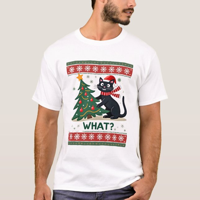 Cat What Funny Black Cat Pushing Christmas Tree Ug T-Shirt (Front)