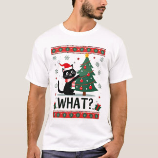 Cat What Funny Black Cat Pushing Christmas Tree Ug T-Shirt