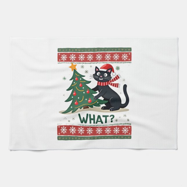 Cat What Funny Black Cat Pushing Christmas Tree Ug Tea Towel (Horizontal)