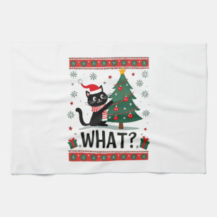 Cat What Funny Black Cat Pushing Christmas Tree Ug Tea Towel
