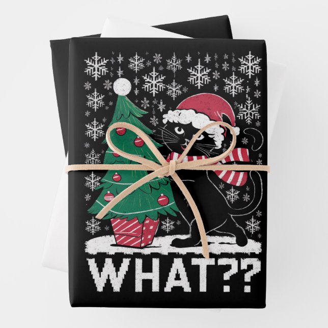Cat What Funny Black Cat Pushing Christmas Tree  Wrapping Paper Sheet (In situ)