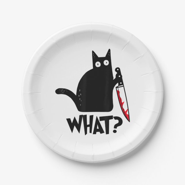 Cat What Funny Black Cat Shirt Murderous Cat With  Paper Plate (Front)