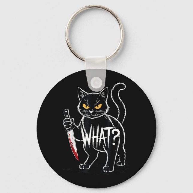 Cat What_ Funny Black Cat With Knife Halloween Key Ring (Front)