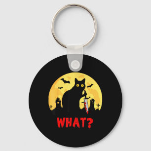 Cat What_ Halloween Black Cat With Knife - Funny Key Ring