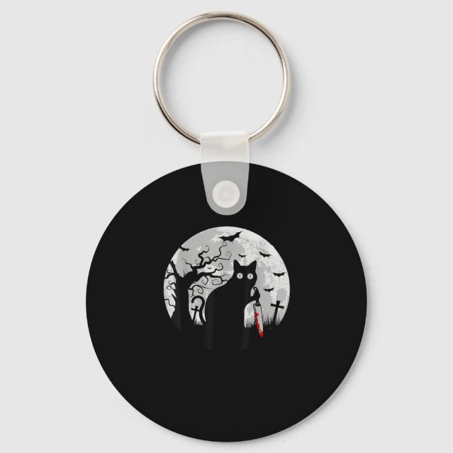 Cat What_ Halloween Black Cat with Knife - Funny W Key Ring (Front)