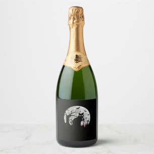 Cat What_ Halloween Black Cat with Knife - Funny W Sparkling Wine Label