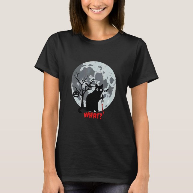Cat What Halloween cat Murderous Cat With Knife T-Shirt (Front)