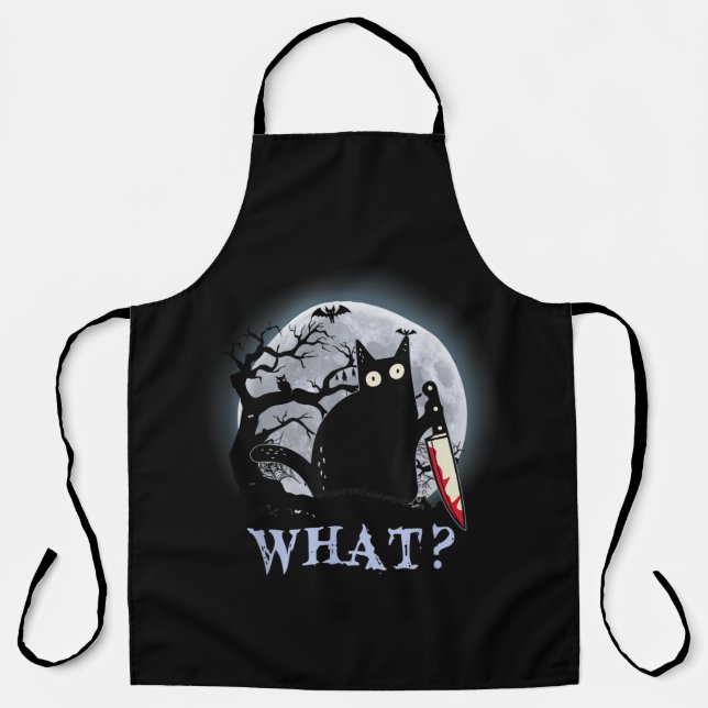 Cat What Murderous Black Cat With Knife Halloween Apron (Front)