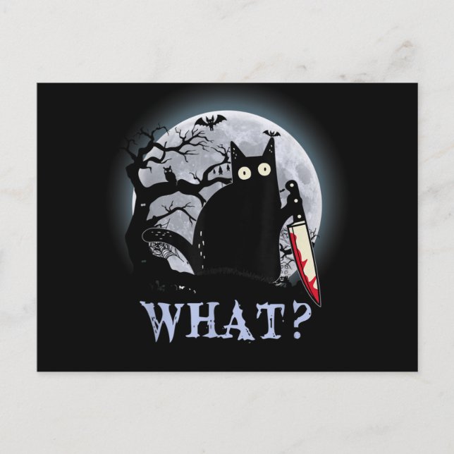 Cat What Murderous Black Cat With Knife Halloween Holiday Postcard (Front)