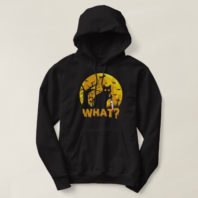 CAT WHAT Murderous Black Cat with Knife Halloween  Hoodie (Design Front)