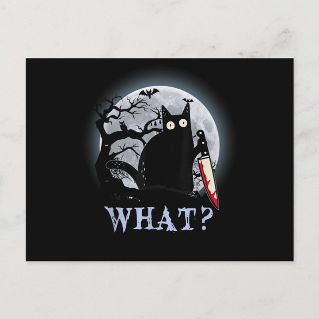 Cat What Murderous Black Cat With Knife Halloween Postcard (Front)