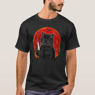 Cat What  Murderous Black Cat With Knife Halloween T-Shirt