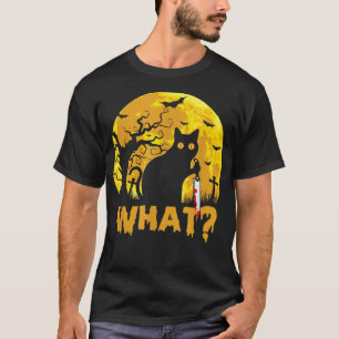 CAT WHAT Murderous Black Cat with Knife Halloween  T-Shirt