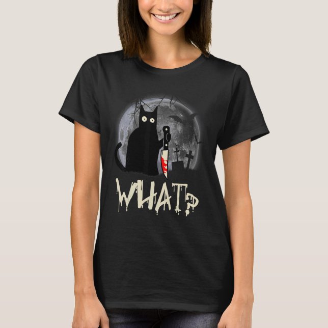 Cat What Murderous Black Cat With Knife Halloween  T-Shirt (Front)