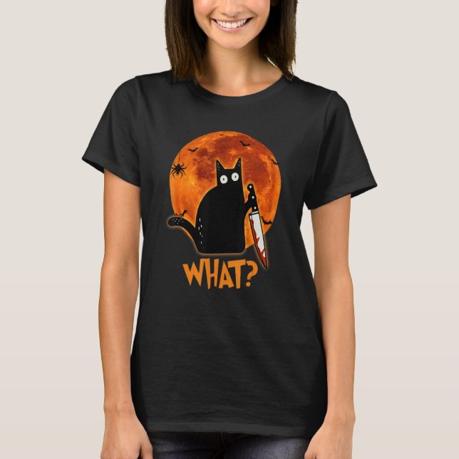Cat What Murderous Black Cat With Knife Halloween  T-Shirt (Front)