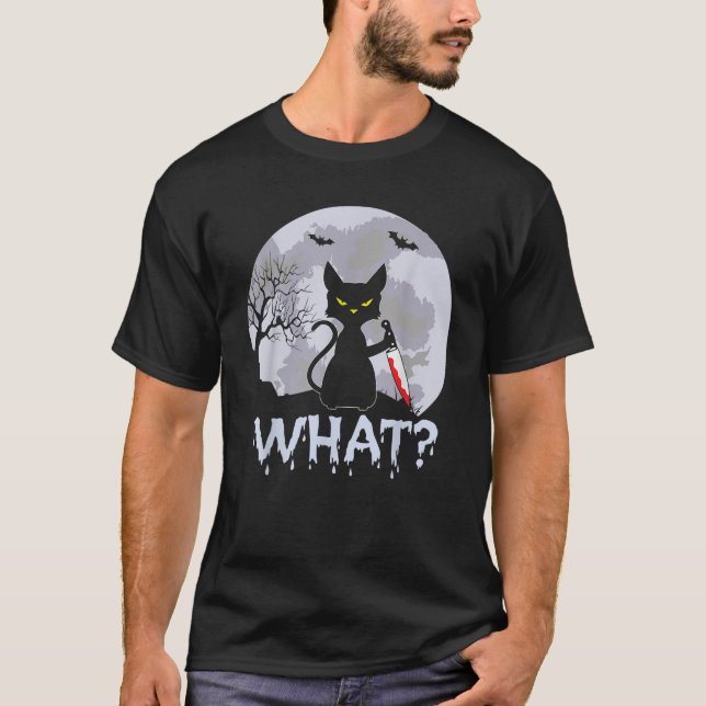 CAT WHAT Murderous Black Cat with Knife Halloween  T-Shirt (Front)