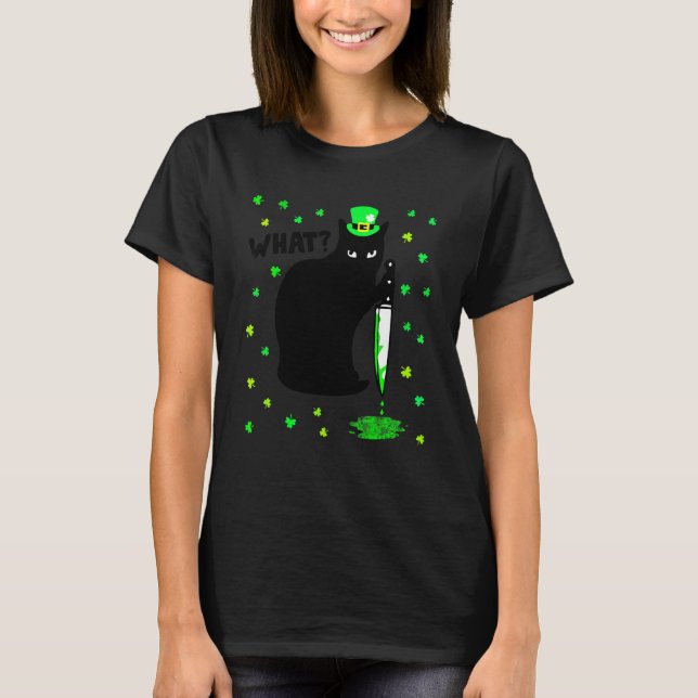 Cat What Murderous Black Cat With Knife St Patrick T-Shirt (Front)