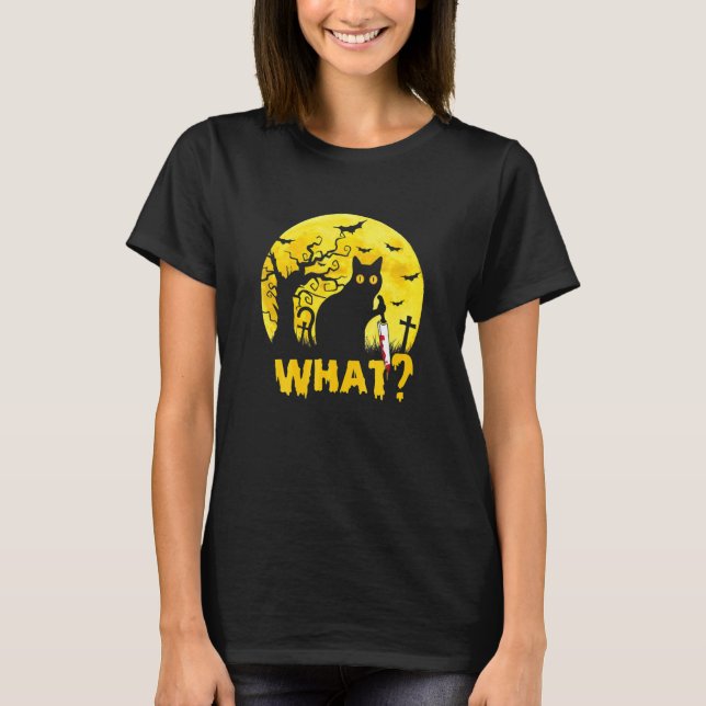Cat What Murderous Cat Black Cat With Knife Moon H T-Shirt (Front)