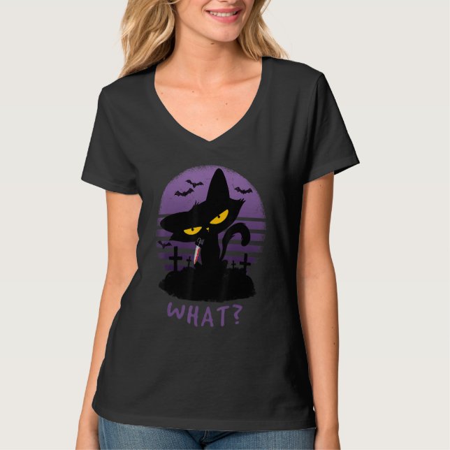 Cat What   Murderous Cat With Knife T-Shirt (Front)