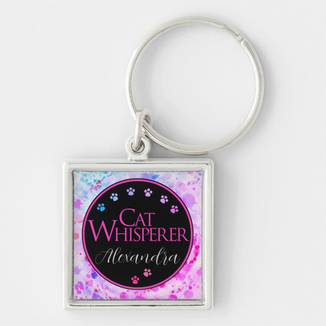 Cat Whisperer Colourful Tie Dye Pink fun saying Key Ring (Front)