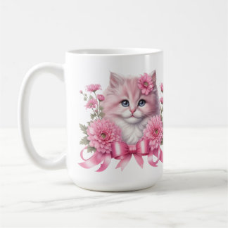 Cat Whit Pink Ribbon Coffee Mug