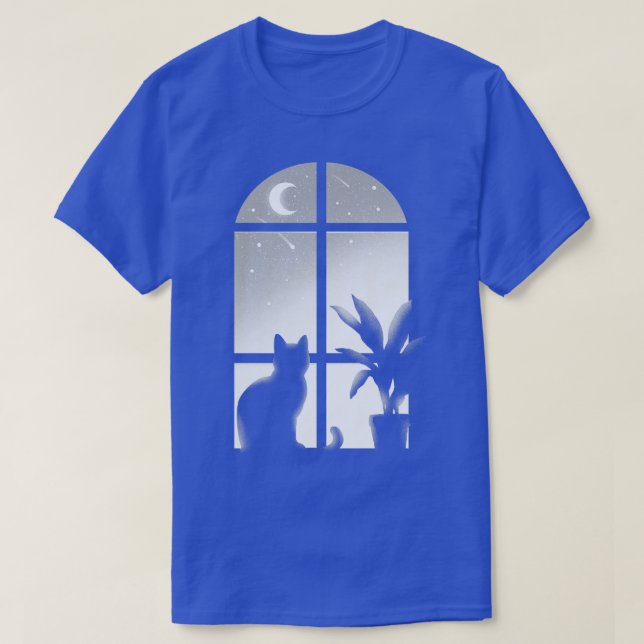 Cat window Kitty looking stars infinite night beau T-Shirt (Design Front)