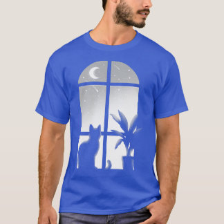 Cat window Kitty looking stars infinite night beau T-Shirt