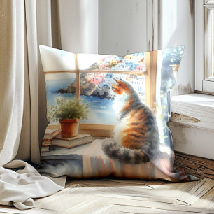 Cat Window Watercolor Mediterranean  Cushion