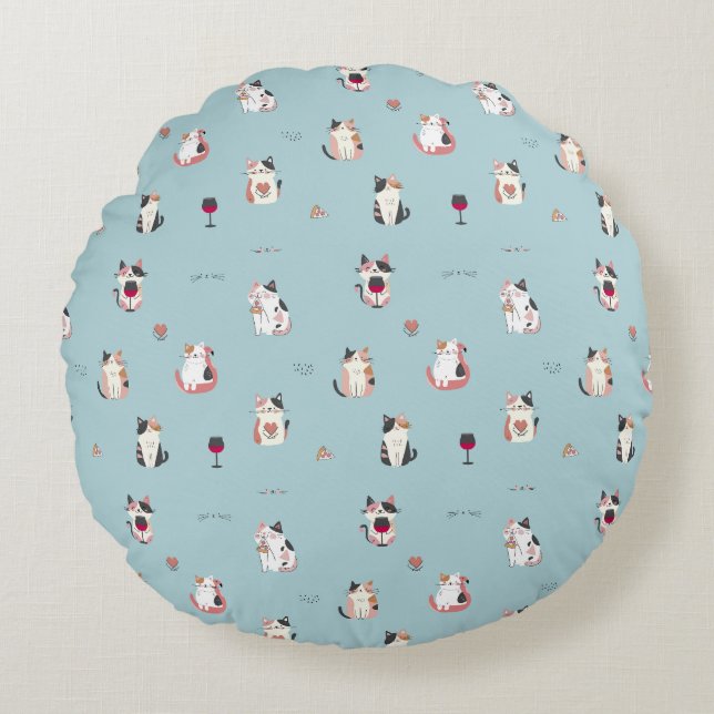 Cat & Wine Round Pillow: Fun and Quirky Design Cushion (Front)