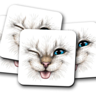 Cat Wink Blue Eye Coaster   Cat Cork Coaster Set