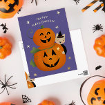 Cat witch and Jack O Lantern's Happy Halloween<br><div class="desc">Cute halloween greeting for kids with witch cat and real gold foil stars</div>