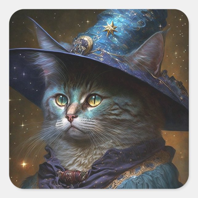 Cat Witch Fantasy Art Square Sticker (Front)